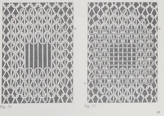 Figure showing how to weave threads up and down, then across a hole in knitting. Goldsworthy 1979 p49