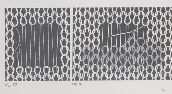 Figure showing adding reinforcing thread to a hole in knit, then Swiss darning over that thread. Goldsworthy 1979 p53